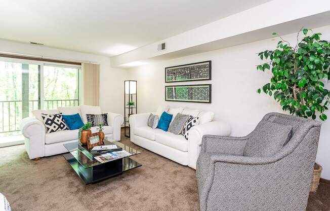 A living room with a white couch, a grey armchair, and a glass coffee table.