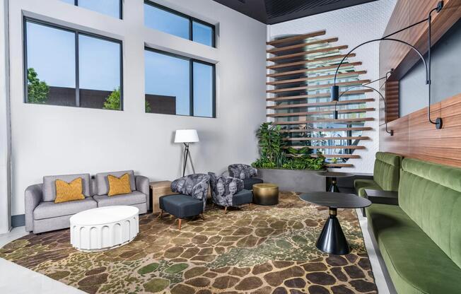 This lobby lounge offers bold design and inviting comfort, perfect for catching up, winding down, or simply enjoying the space.