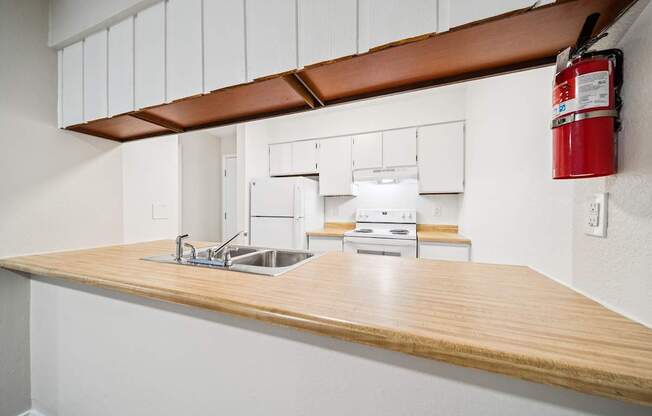 A kitchen with a wooden counter top and a red fire extinguisher on the wall.