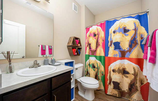 a bathroom with a shower curtain and a toilet and sink