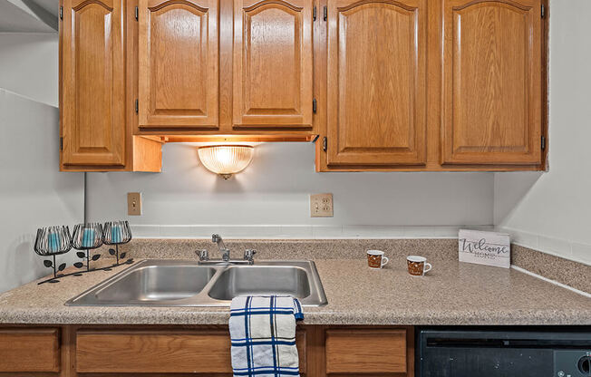 a kitchen with a sink and wooden cabinets