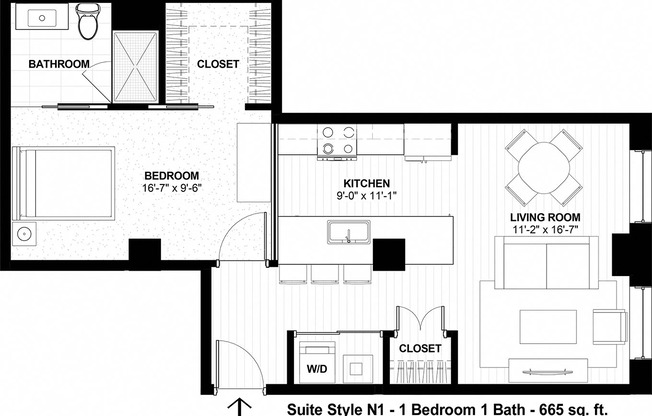 1 bed, 1 bath, 665 sqft, $1,402