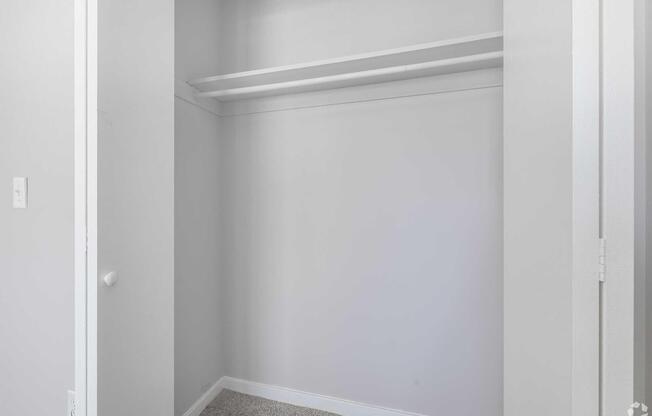 Empty closet with white walls and carpeted floor. Two shelves are visible at the top, and there is a door on the right side. The space is well-lit, creating a clean and minimalistic appearance.