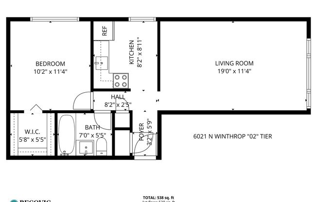 1 bed, 1 bath, 538 sqft, $1,750, Unit 202