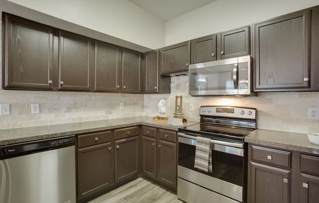 View of Kitchen with Plank-Wood Flooring and Stainless Steel Appliances and Raveneaux Apartments