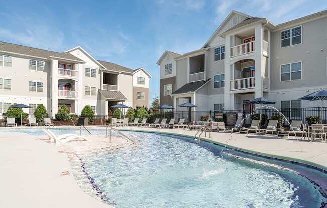 A swimming pool in front of Concord Ridge Apartments, Concord, NC.