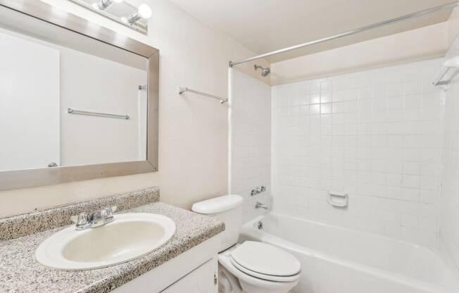 a bathroom with a sink toilet and tub and a mirror