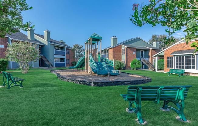 a couple of lawn chairs sitting on a bench in front of a house