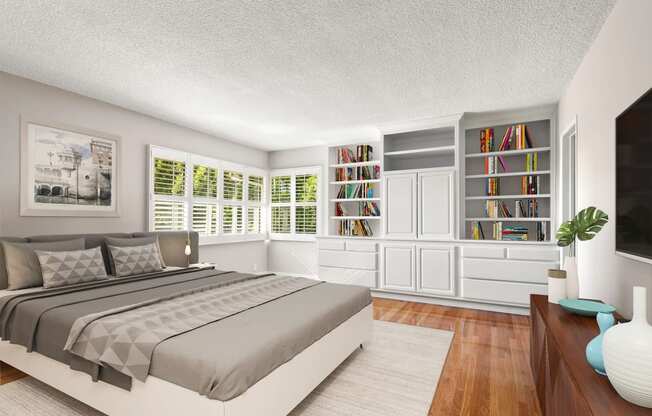 a bedroom with a bed and a bookcase