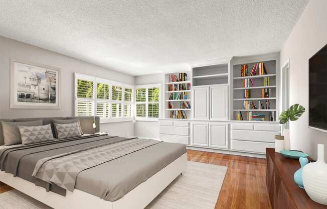 a bedroom with a bed and a bookcase