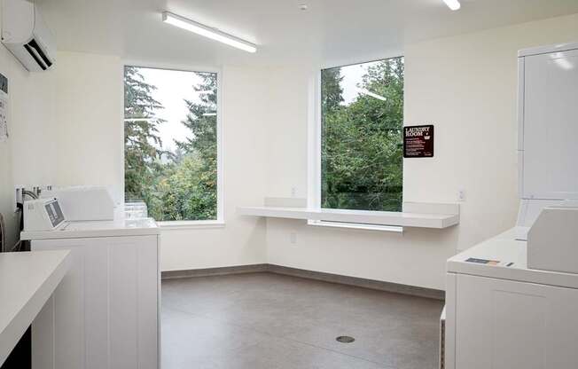 a kitchen with a sink and two windows