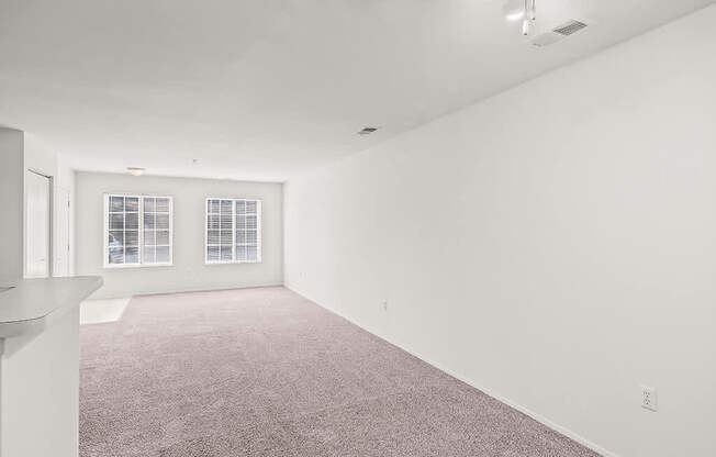 A large empty room with carpeted floor and two windows.