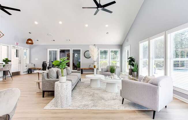 A living room with a grey sofa, a white coffee table, and a rug.