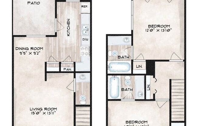 2 beds, 2.5 baths, 1,176 sqft, $1,355