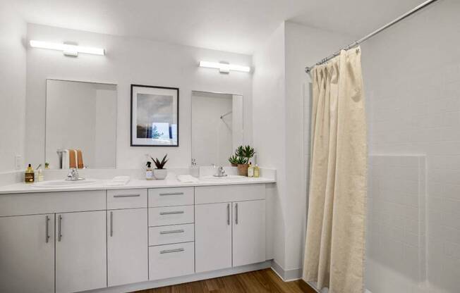 A bathroom with a white cabinet and a shower curtain. at Riverfront Everett, Washington, 98201