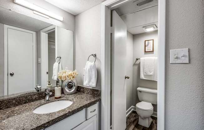 A bathroom with a sink, mirror, toilet, and a door.