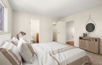 West Hills, CA Apartments For Rent - Topanga Canyon - Spacious Bedroom With Plush Carpet Flooring, Walk-In Closet, And Bathroom