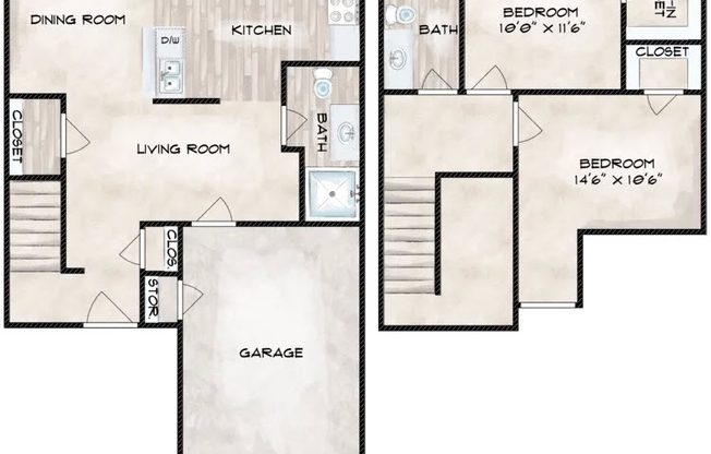 2 beds, 2 baths, 1,145 sqft, $1,367