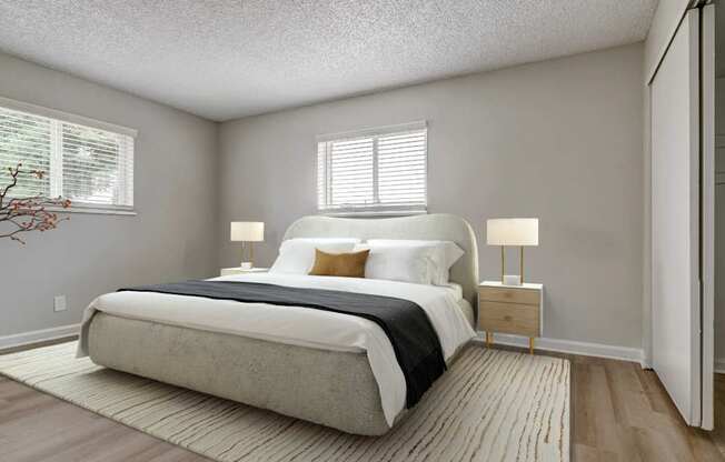 A bedroom with a bed, nightstand, and a plant.