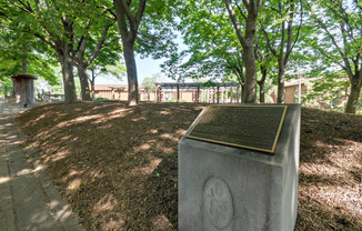 A monument with a plaque on it is surrounded by trees.