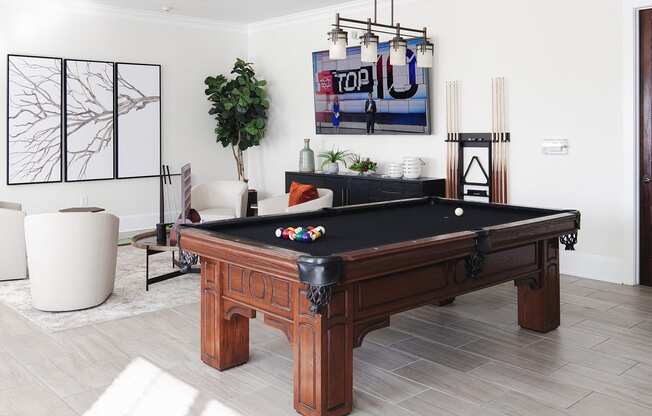 a billiards table in a living room