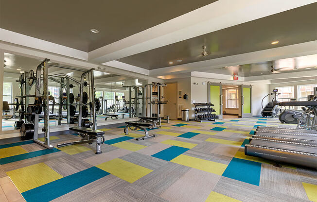 Fitness center with strength and cardio equipmentat 1010 Dilworth Apartments, Charlotte North Carolina