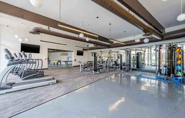 A gym with treadmills, weights, and exercise machines.