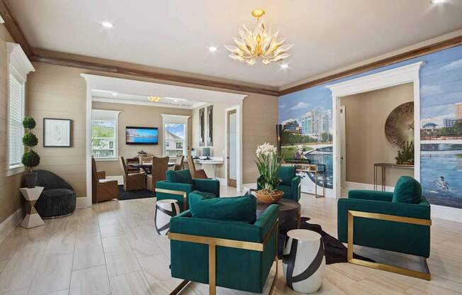 A living room with a large window and a view of a cityscape.