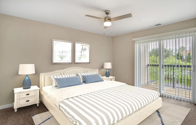 A virtually staged bedroom with gray walls with white trim, dark gray carpet throughout, and sliding glass door with vertical blinds leading to the outside patio/balcony area.