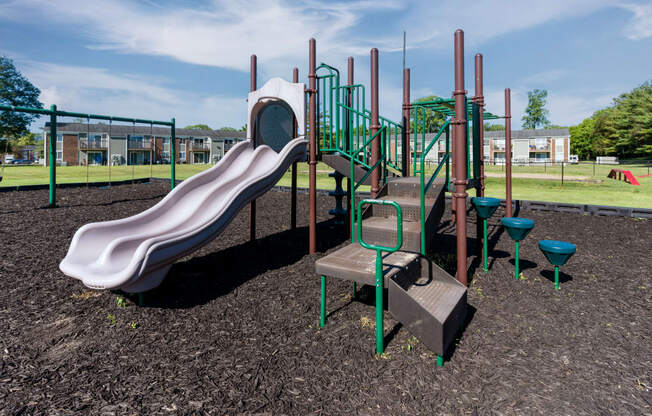 a playground with a slide and climbing equipment in a park