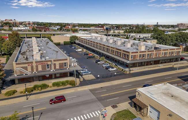 an aerial view of a city street and buildings at The Lofts at Elk Terminal, Buffalo
