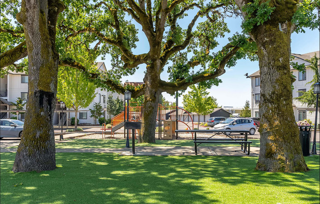 A park with a playground and trees at Riverplace Apartment Homes, Independence, OR, 97351