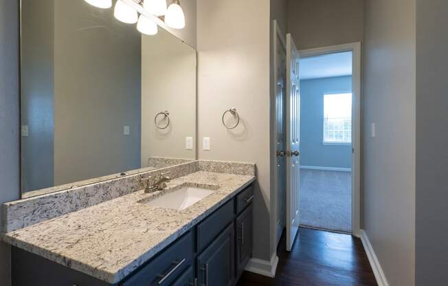 a bathroom with a sink and a mirror