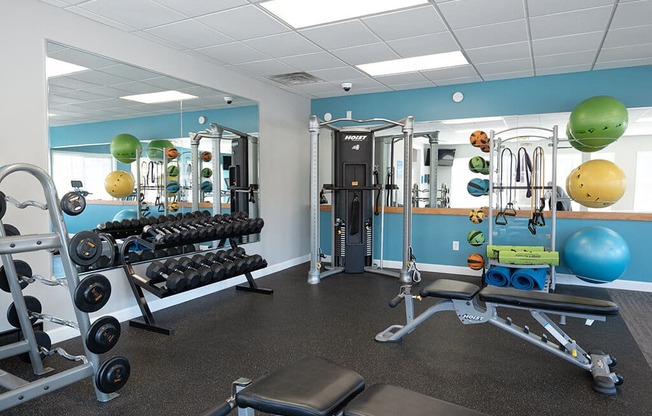 a gym with weights and other equipment in a room with blue walls