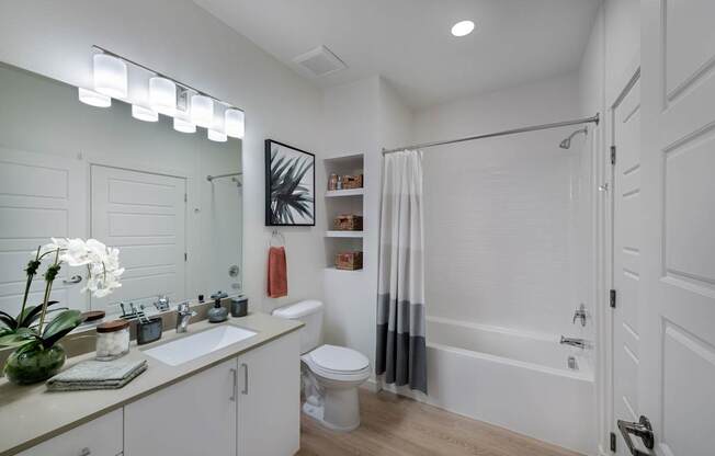 a bathroom with a shower and a sink and a toilet