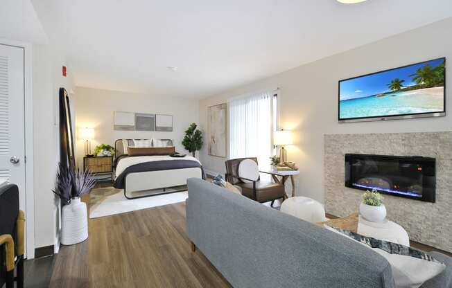 a studio apartment with a bed and a fireplace in a living room