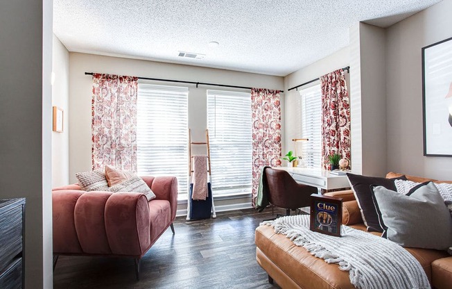 a living room with a couch and a table