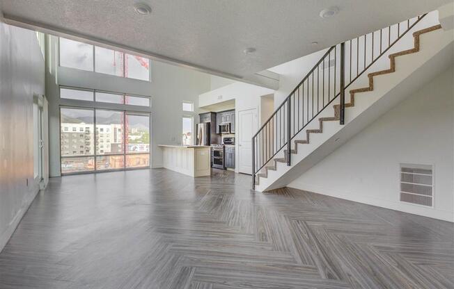 living room with stairs