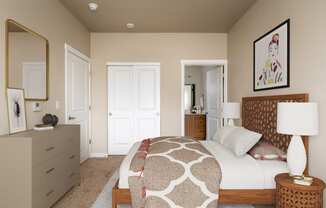 a bedroom with a bed and a dresser and a mirror