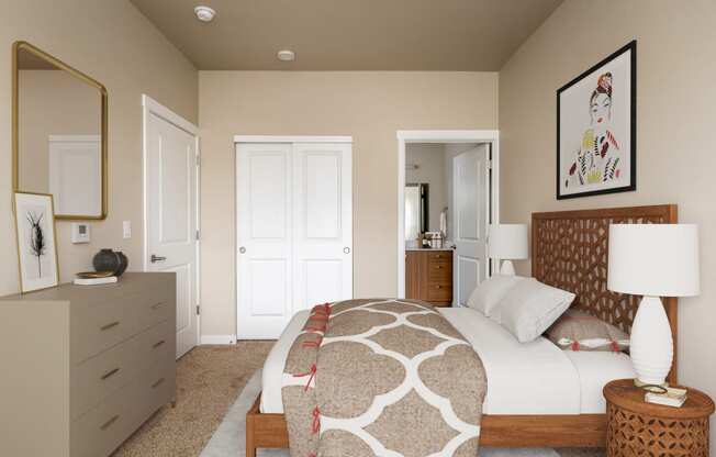 a bedroom with a bed and a dresser and a mirror