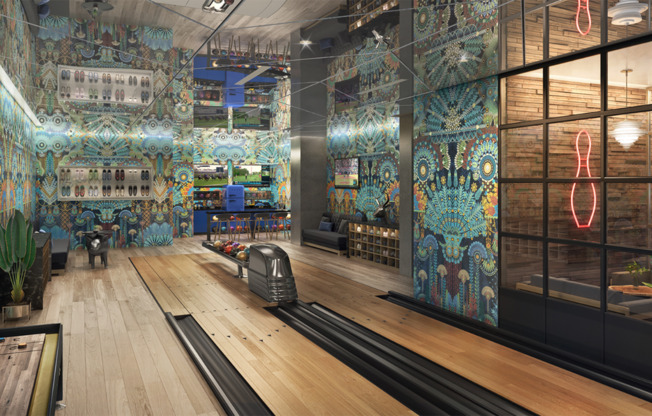 Two regulation bowling lanes with full bowling lounge