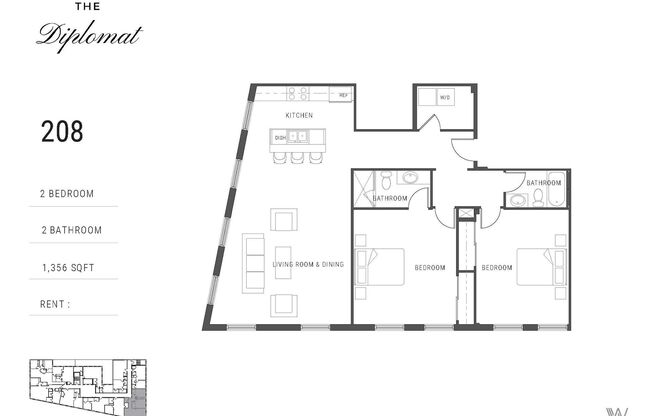2 beds, 2 baths, 1,356 sqft, $2,395, Unit 208