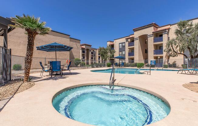 a pool next to a building