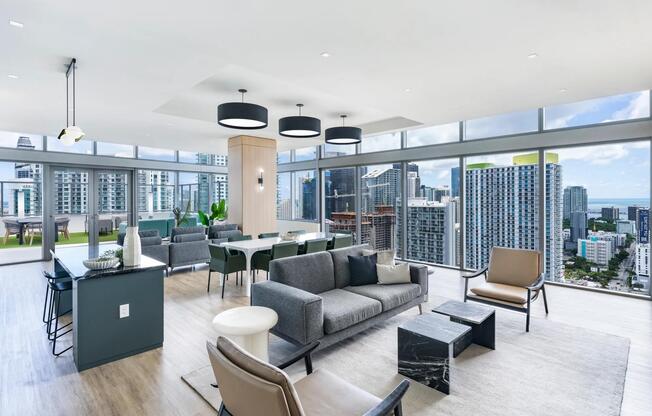 Sophisticated design and panoramic views define the 36th floor lounge at Modera Riverside.