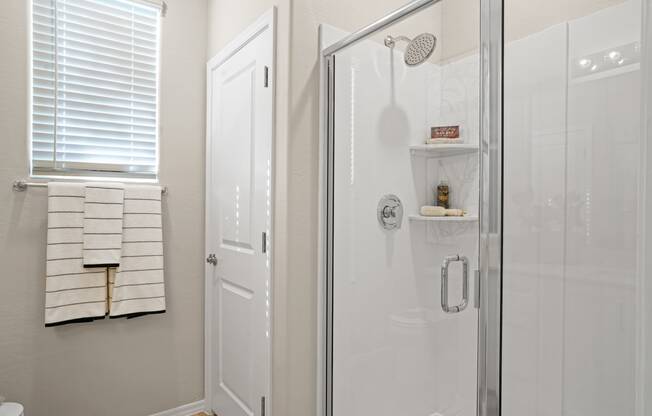a white bathroom with a shower and a window