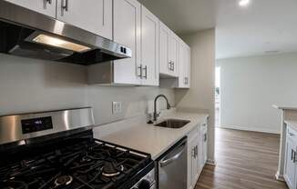 A modern kitchen with a stove, sink, and cabinets.