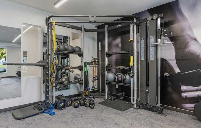a home gym with weights and equipment on the floor and a wall with a mural