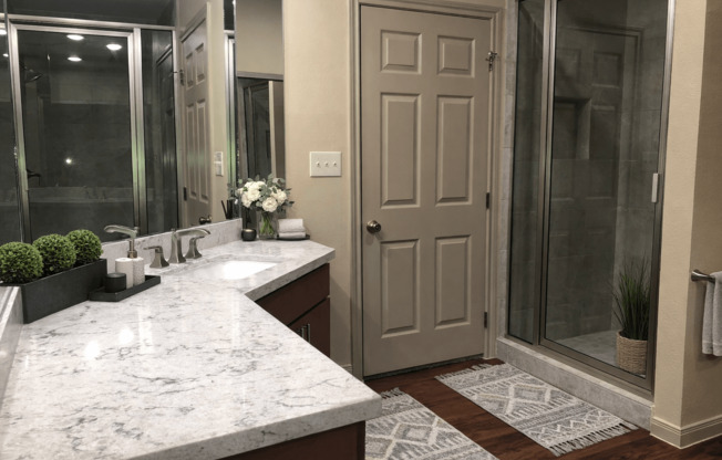 A bathroom with a marble countertop and a white door.