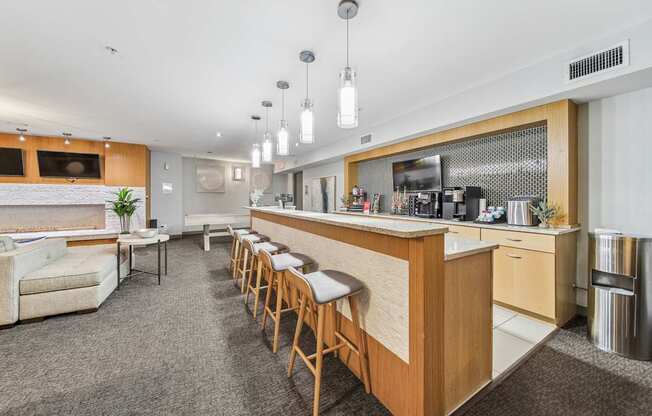 Community kitchen and serving counter inside River 595 Apartments in Des Plaines