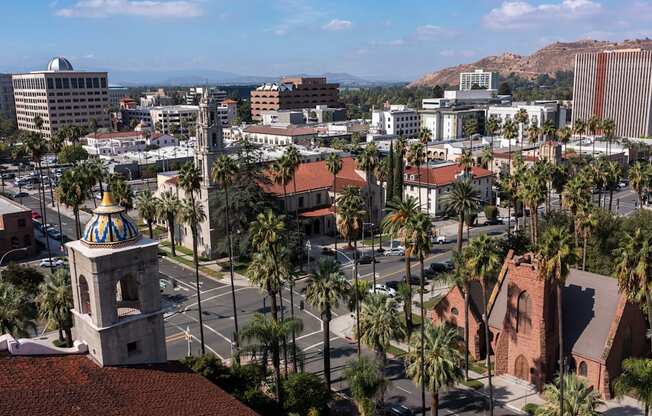 a view of a city with palm trees and a clock tower at North Grove, California, 92501